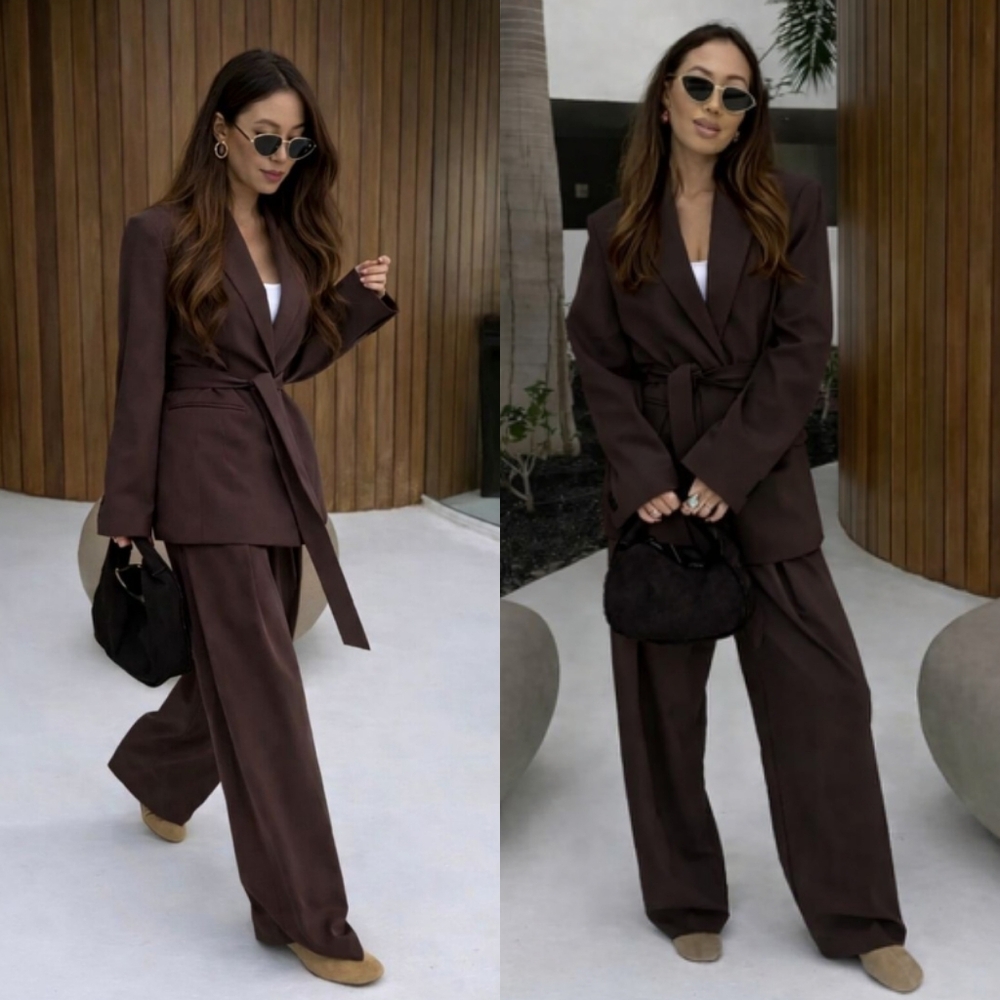 Zara Belted Blazer Dark Brown Burgundy